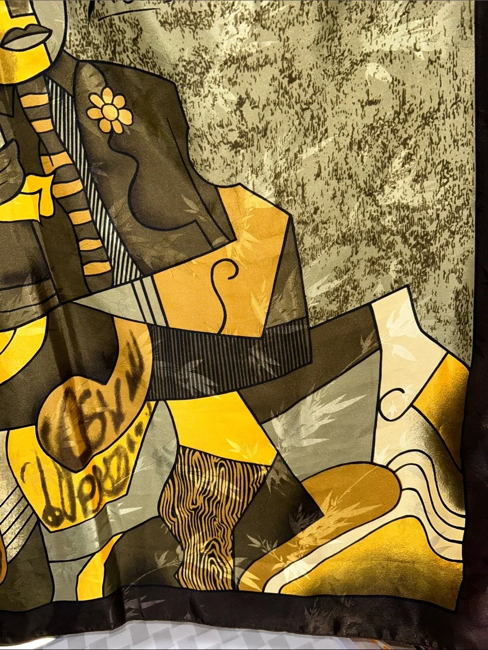 Yellow Brown Abstract Cubist Faux Silk Scarf